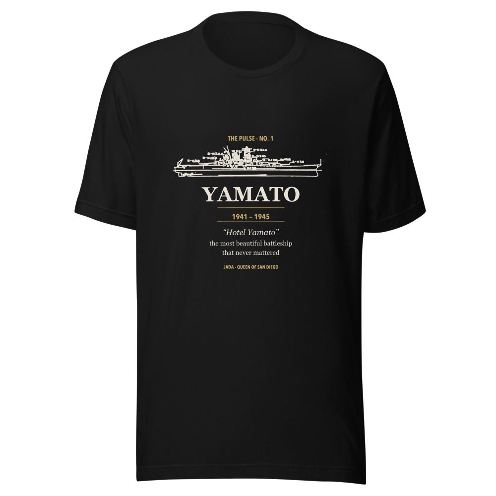 Yamato Poster tee mockup — black Bella+Canvas 3001 unisex tee with Yamato silhouette and poster-style YAMATO 1941–1945 typography