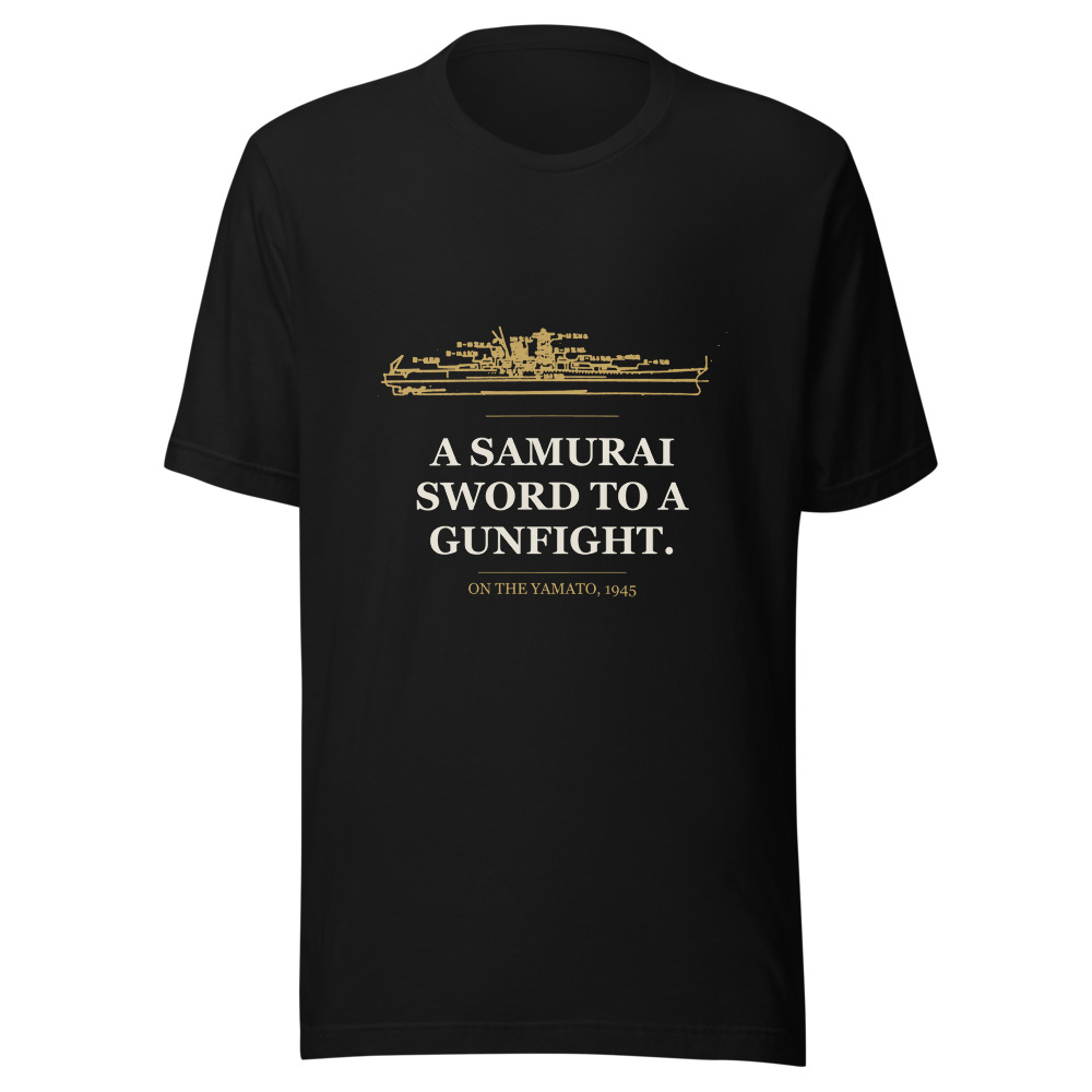 Samurai Sword Quote tee mockup — black Bella+Canvas 3001 unisex tee with gold Yamato silhouette above “A samurai sword to a gunfight.”