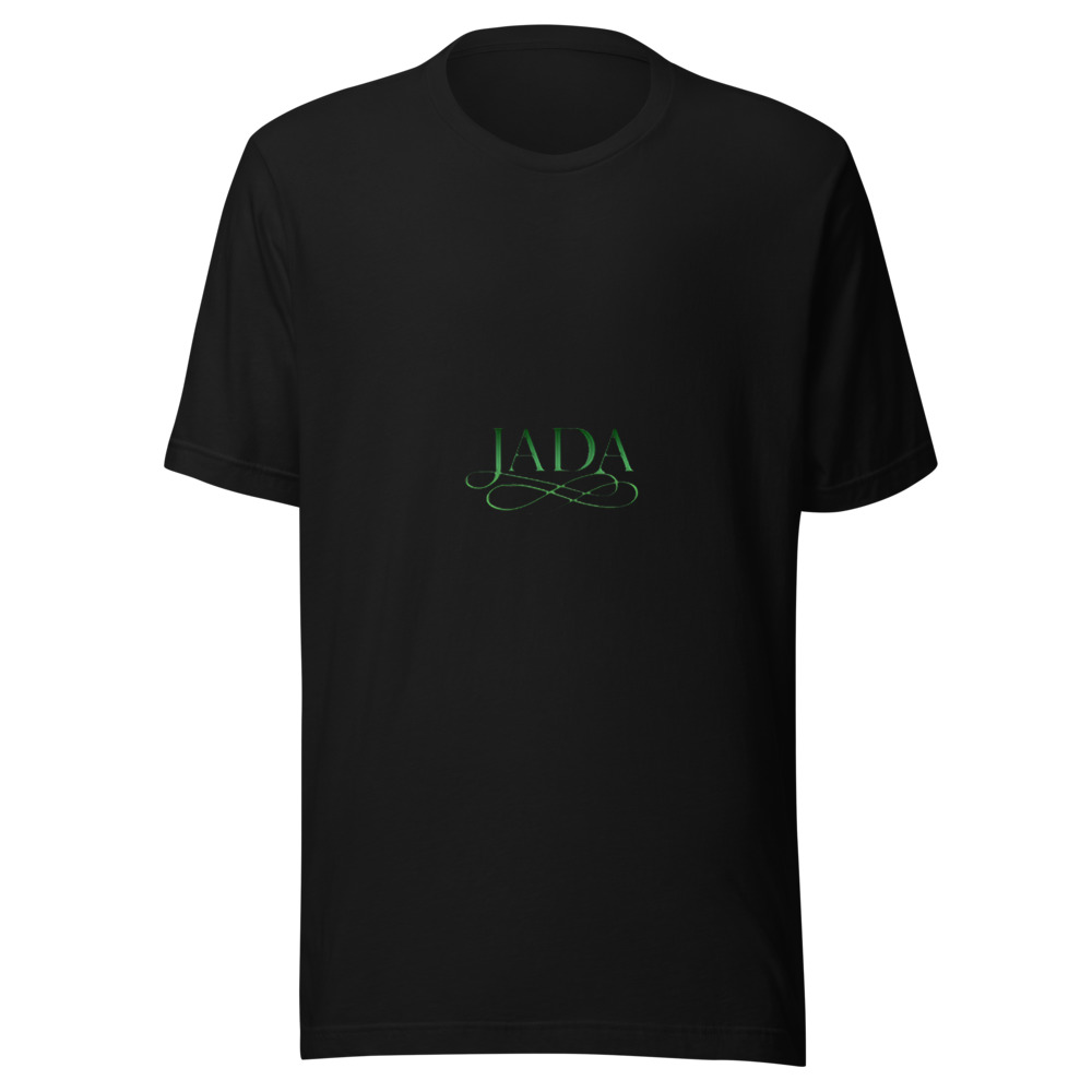 JADA Classic Logo Tee mockup — black Bella + Canvas 3001 unisex tee with the green JADA wordmark across the chest
