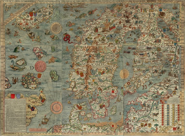 Olaus Magnus, Carta Marina (1539) — detail showing sea serpents and monsters in the waters off Norway and Iceland