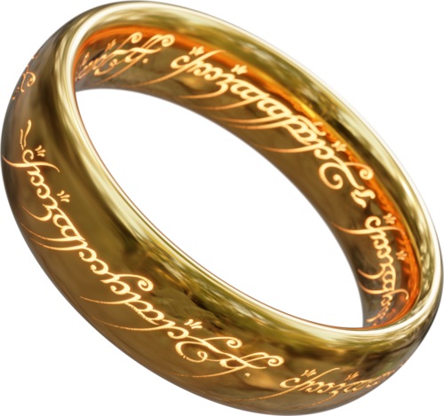CGI render of the One Ring showing the Black Speech inscription ("One Ring to Rule Them All") — the Agency-Object McGuffin at the trilogy's center